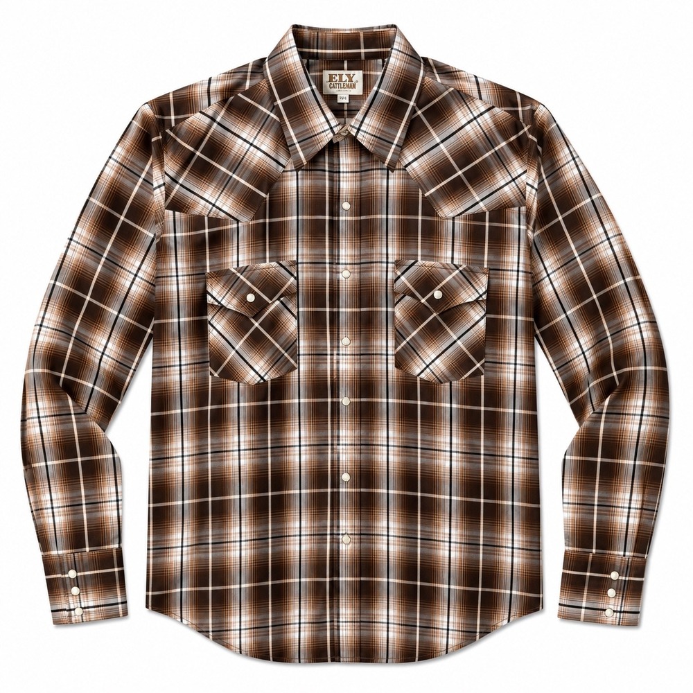 Ely Cattleman Men XXL Brown Plaid Western Pearl Snap Long Sleeve Shirt cowboy